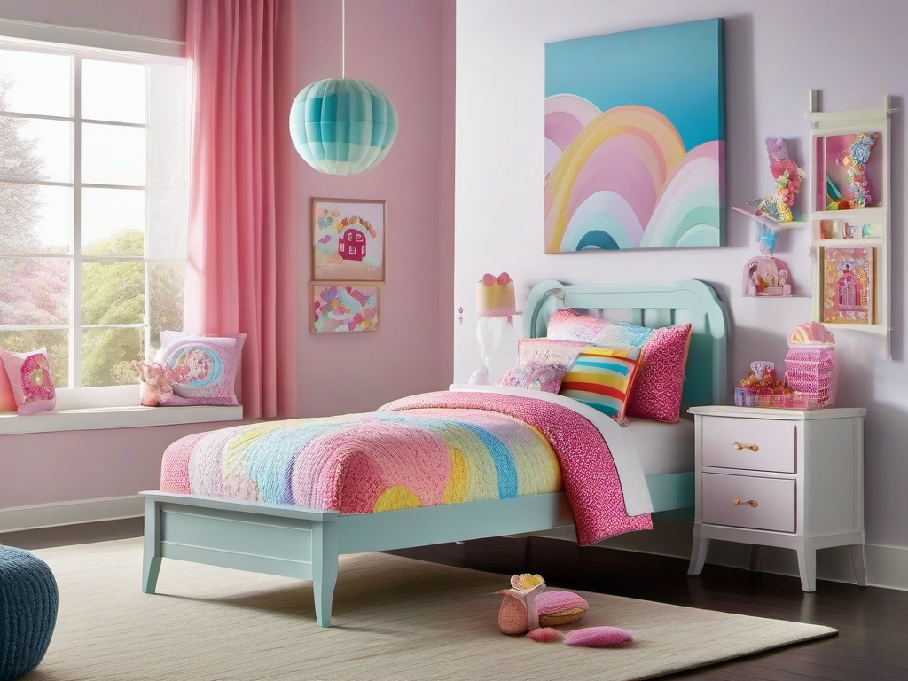 Candy Land bedroom includes colorful bedding with candy patterns, fluffy pastel rugs, and whimsical wall art, providing a cheerful and cozy retreat for sweet dreams.  