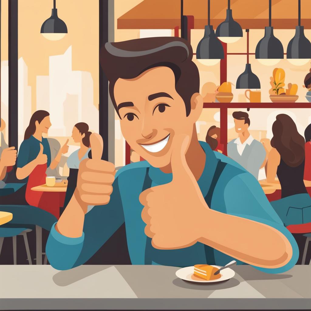 thumbs up clipart - a resounding thumbs-up gesture, given by a cheerful customer in a bustling cafe 