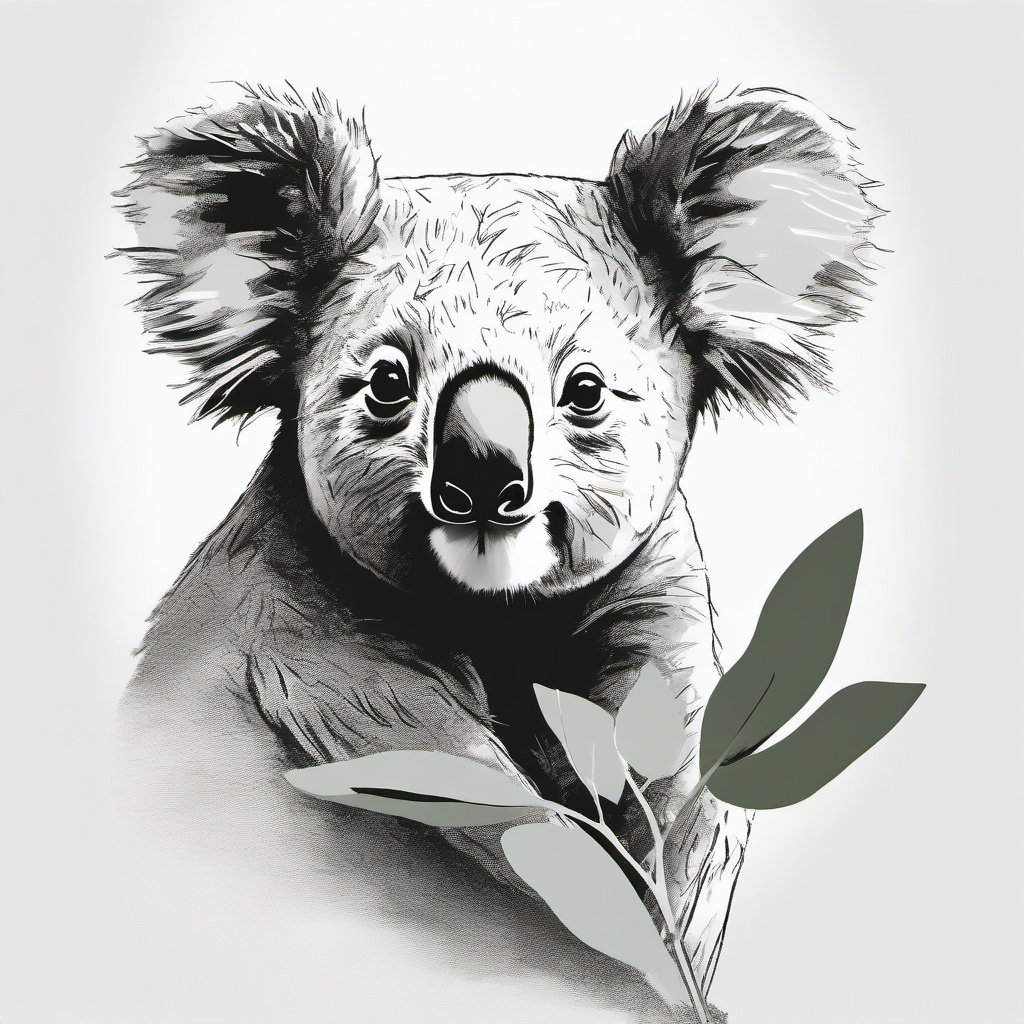 drawing of a koala holding a eucalyptus leaf  minimal rough sketch scribbles,doodles,black and white