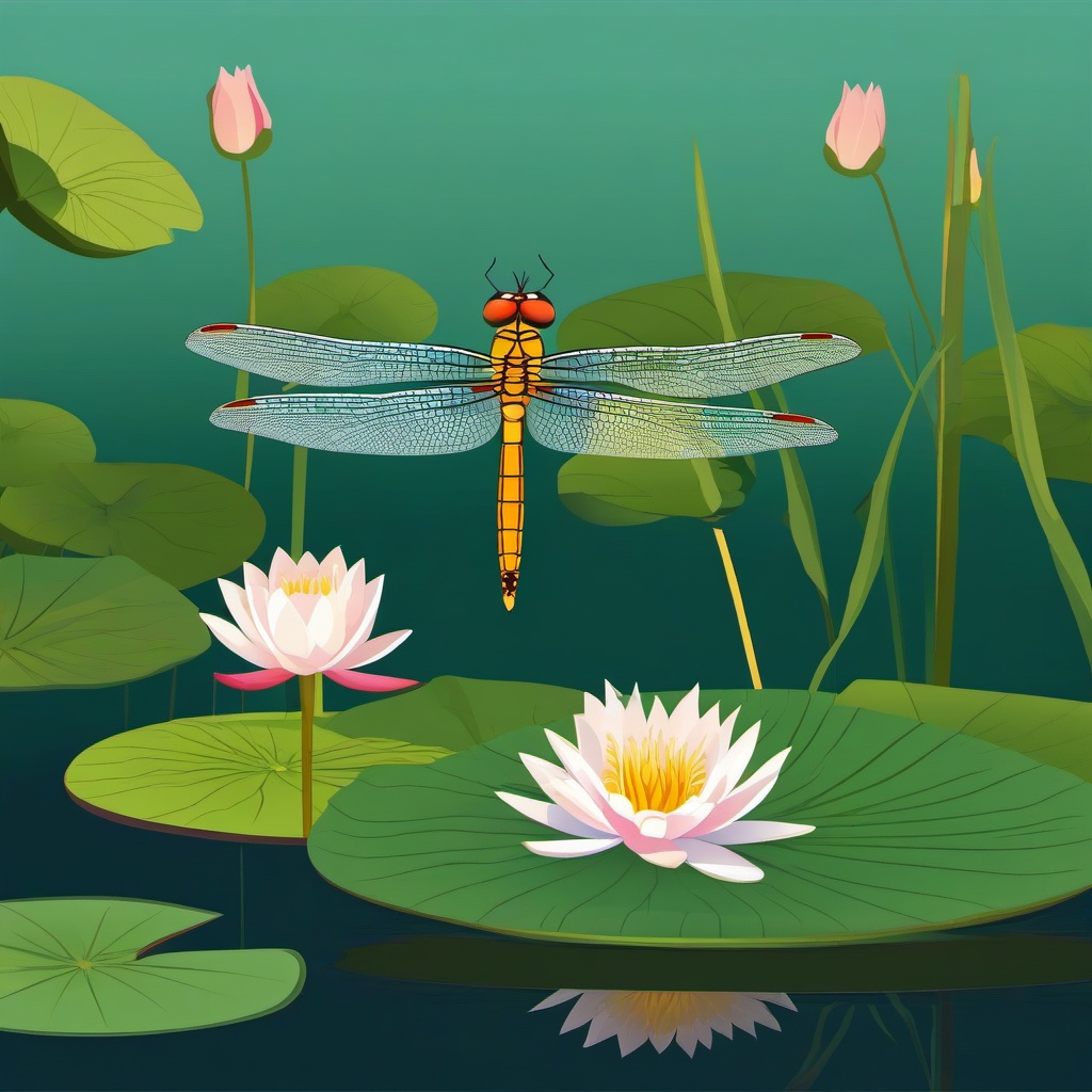 Dragonfly perched on a water lily in a pond clipart.  vector style illustration