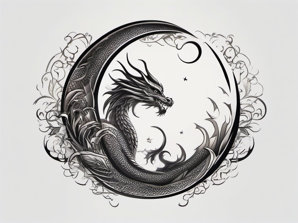 Moon Dragon Tattoo - Tattoo featuring a dragon with a moon theme.  simple color tattoo,minimalist,white background