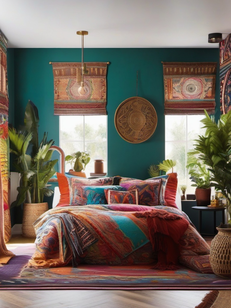 Bohemian Eclectic Bedroom - Blend various cultures and styles for an eclectic bedroom. , bedroom interior decor design ideas, multicoloured, photo realistic, hyper detail, high resolution,