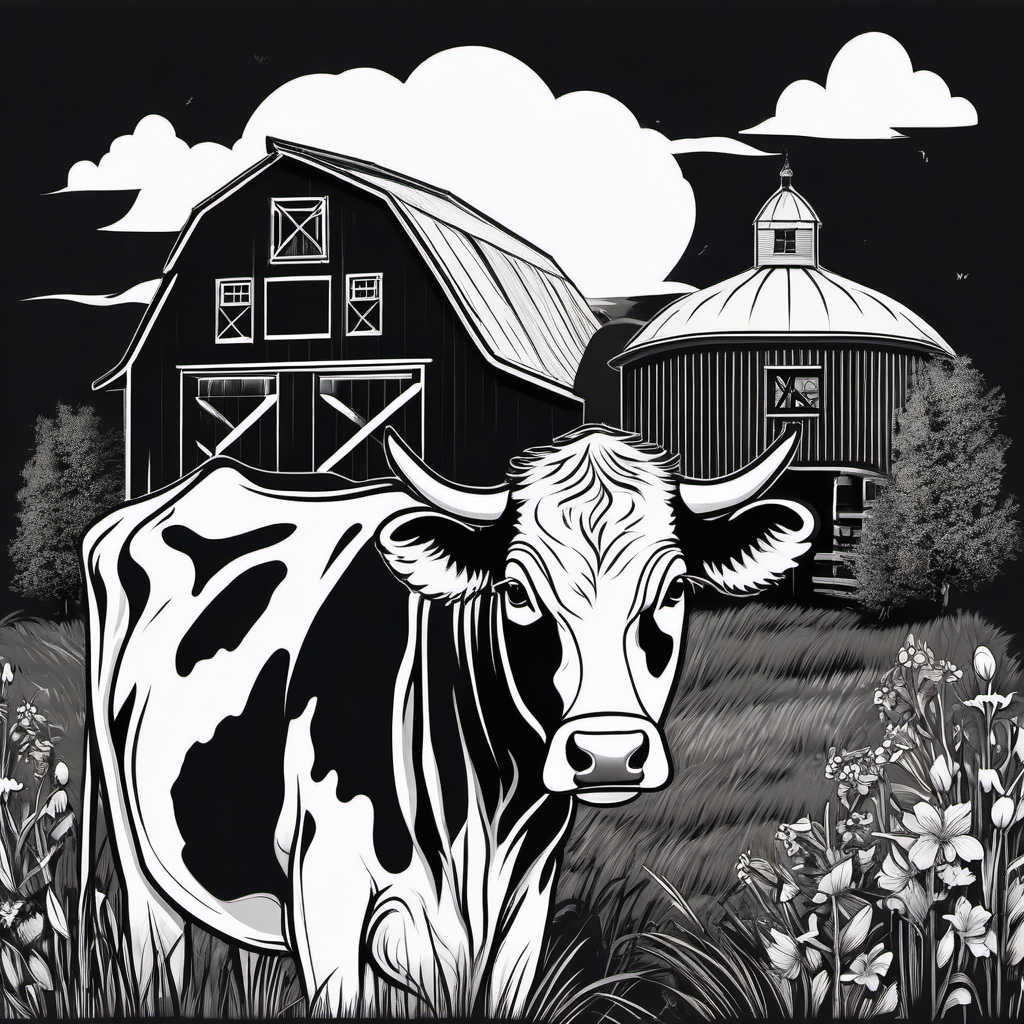 Cow and barn scene design: Rural life, simplicity and harmony.  black and white tattoo style