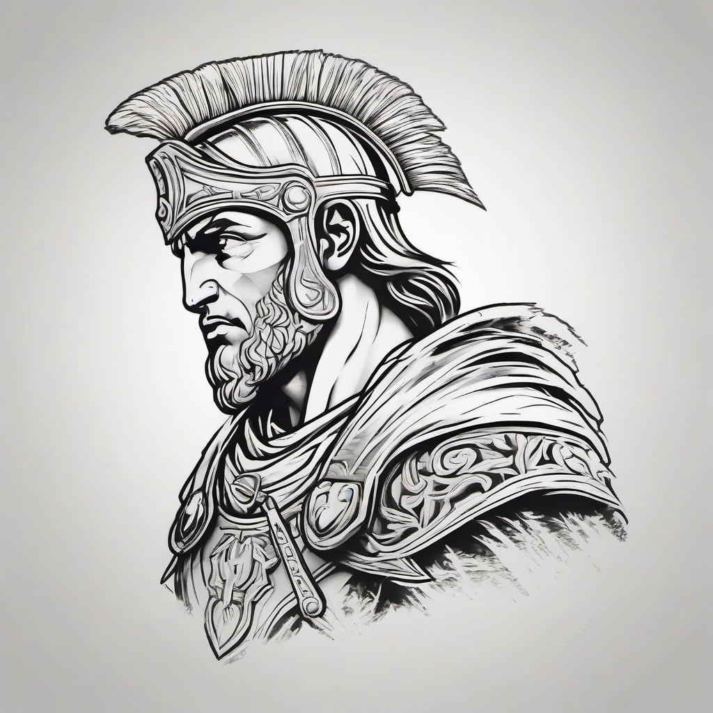 roman hero tattoo design for stencil, side view, large contract  ,tattoo design, white background