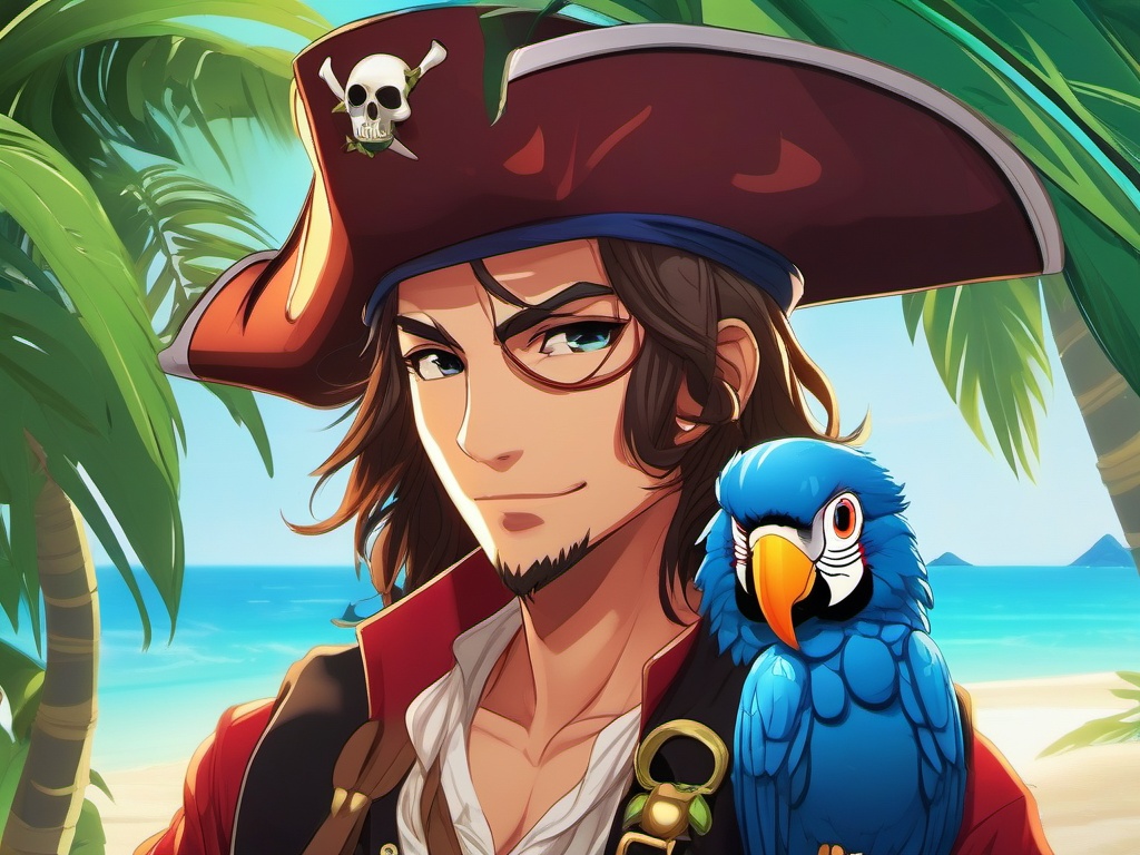 Mischievous pirate, marooned on a deserted island, conspiring with a parrot to escape.  front facing ,centered portrait shot, cute anime color style, pfp, full face visible