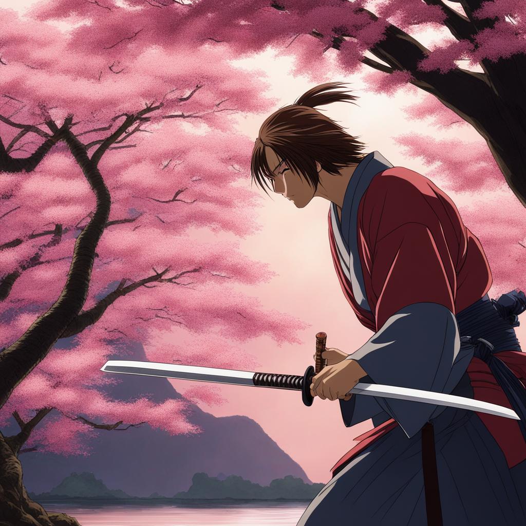 kenshin himura practices his precise sword techniques beneath a serene sakura tree. 