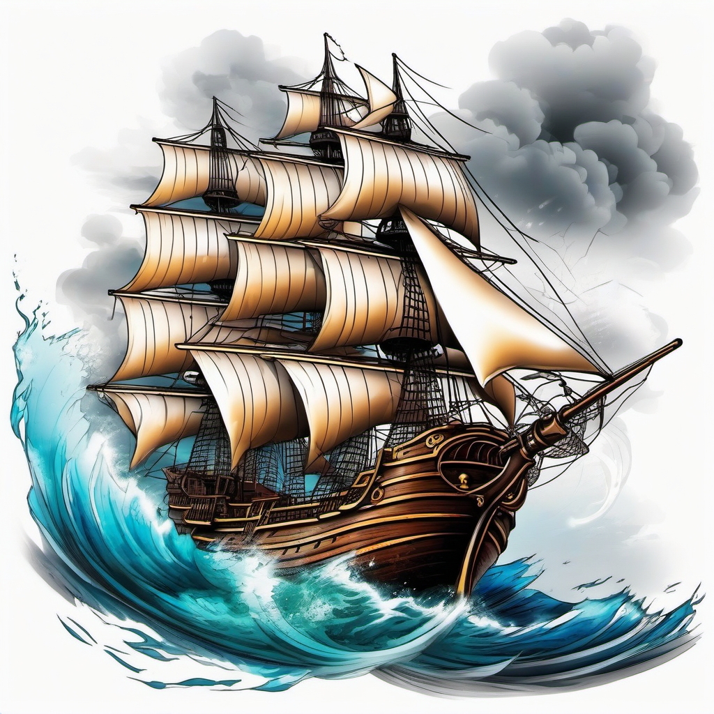 Pirate ship sailing into a storm tattoo. Adventure on the horizon.  color tattoo, white background