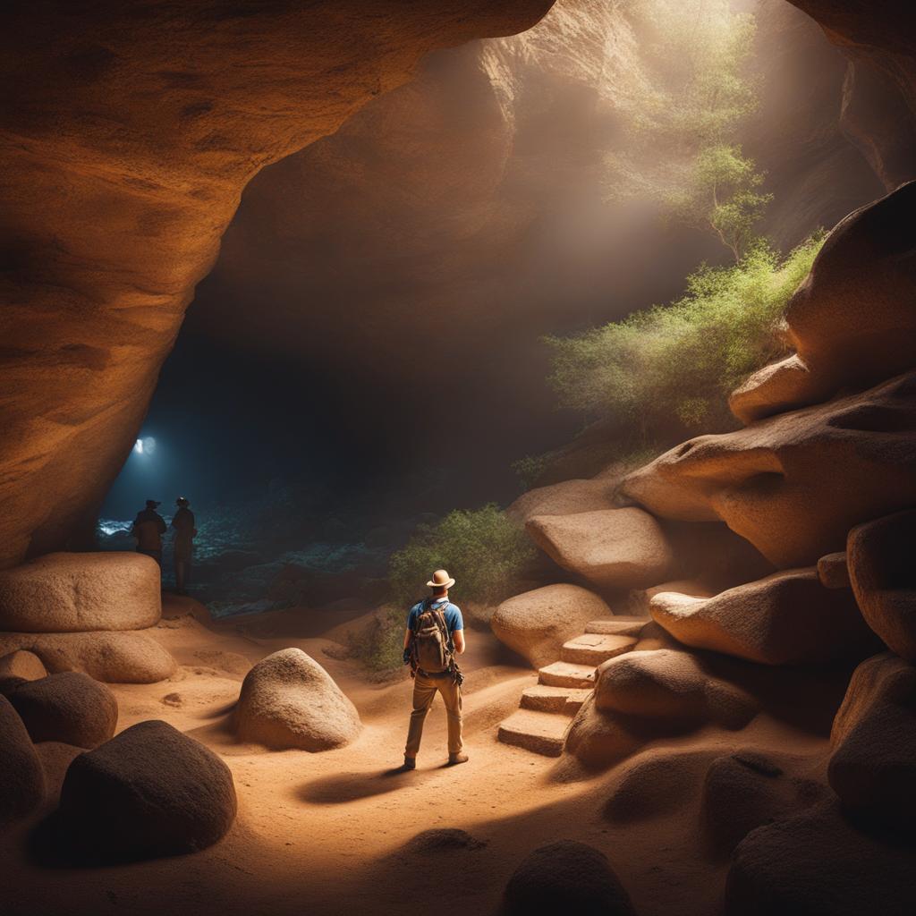 adventurous archaeologist discovering a hidden cave filled with ancient artifacts. 