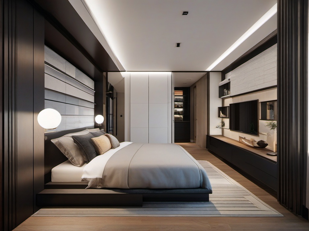 In the bedroom, Bauhaus interior design showcases a platform bed, geometric patterns, and functional storage solutions that transform the space into a sleek and organized retreat.  