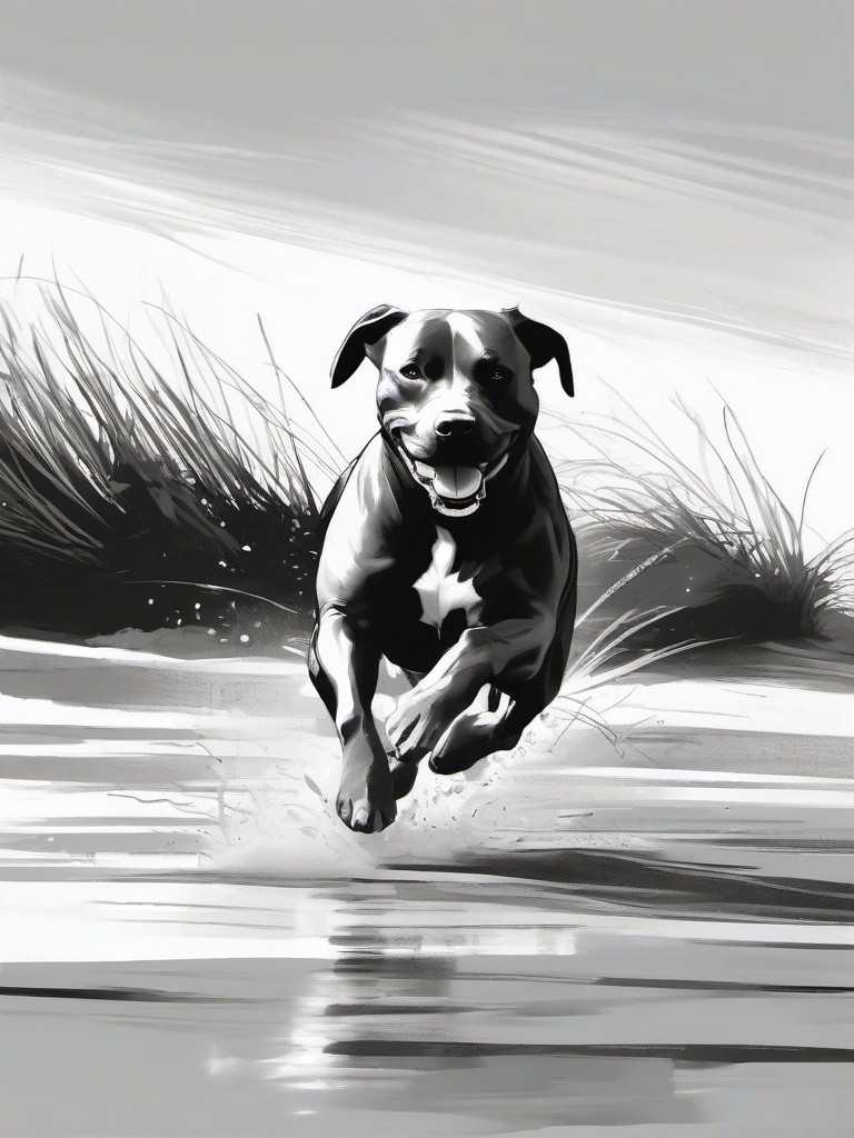 drawing of a pitbull running on the beach  minimal rough sketch scribbles,doodles,black and white