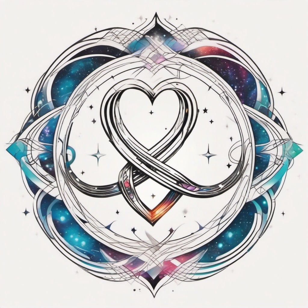 Cosmic heartbeat, a pulsating infinity symbol intertwined with cosmic elements, symbolizing the heartbeat of the universe.  colored tattoo style, minimalist, white background