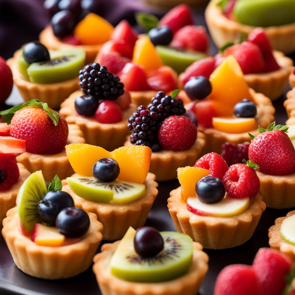 a tower of miniature fruit tarts, each with a buttery pastry crust and a medley of fresh fruits. 