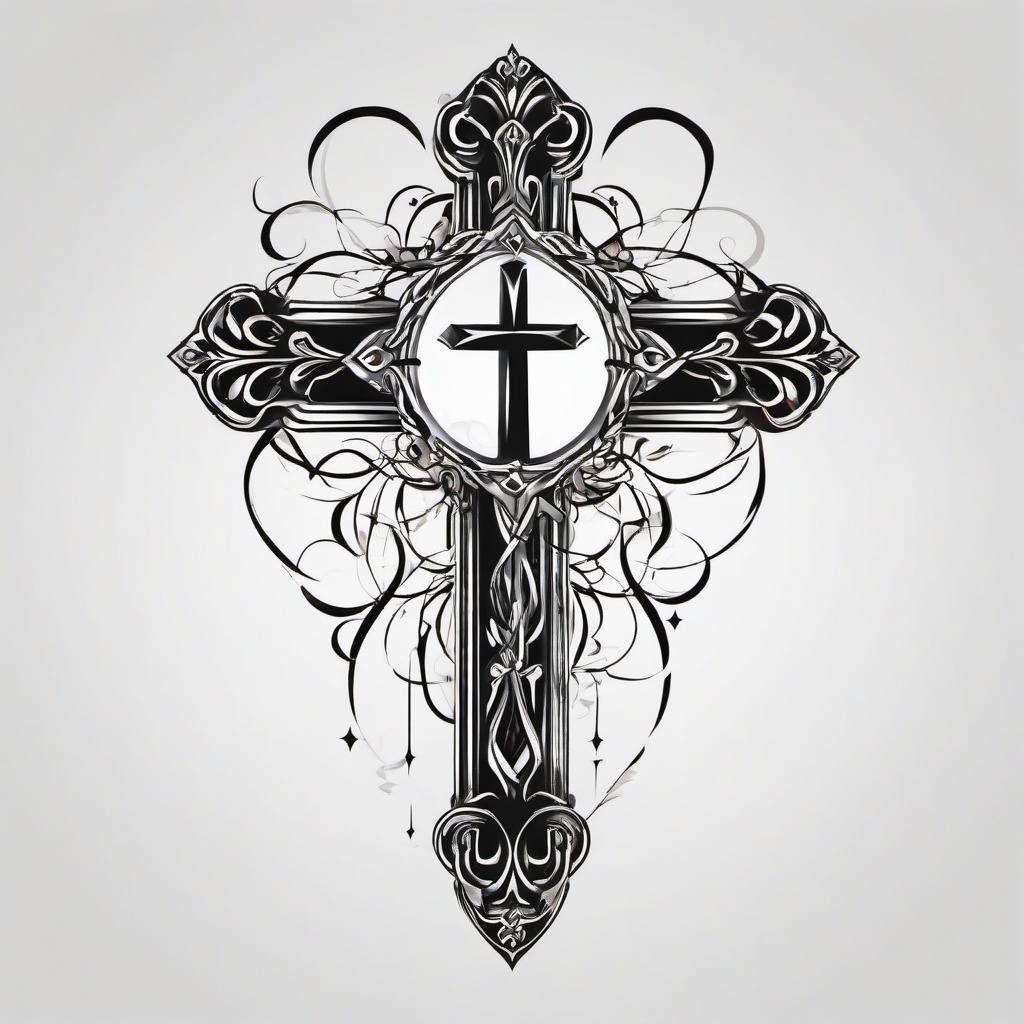 Cross with Heartbeat Tattoo - Embrace faith and love with a tattoo featuring a cross intertwined with a rhythmic heartbeat.  simple vector color tattoo,minimal,white background