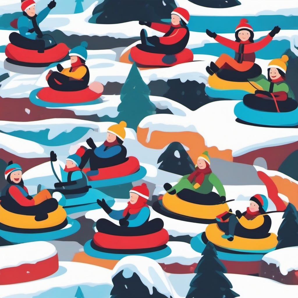 Snow Tubing Thrills Clipart - Snow tubers descending snowy slopes with excitement.  color vector clipart, minimal style