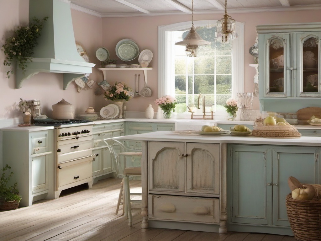 Shabby Chic kitchen features distressed cabinetry, vintage dishware, and soft pastel colors, offering a romantic and inviting cooking environment.  