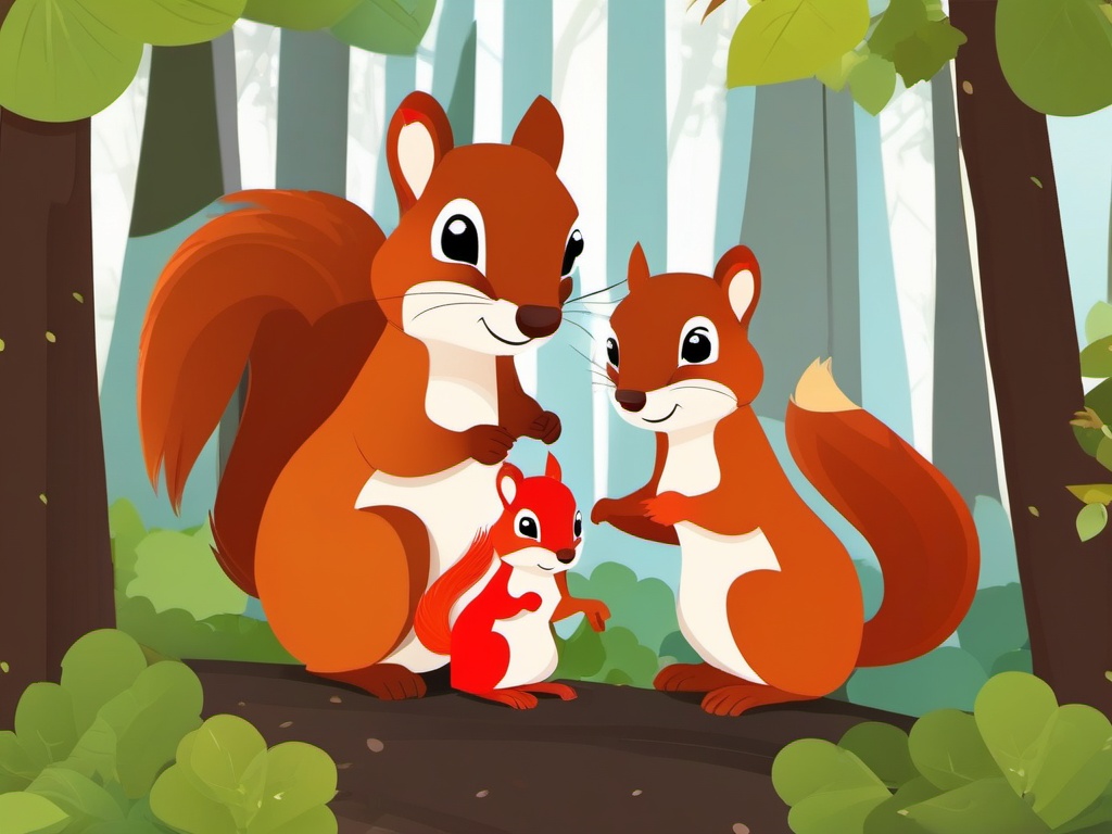 Red Squirrel Family Clip Art - A family of red squirrels in the forest,  color vector clipart, minimal style