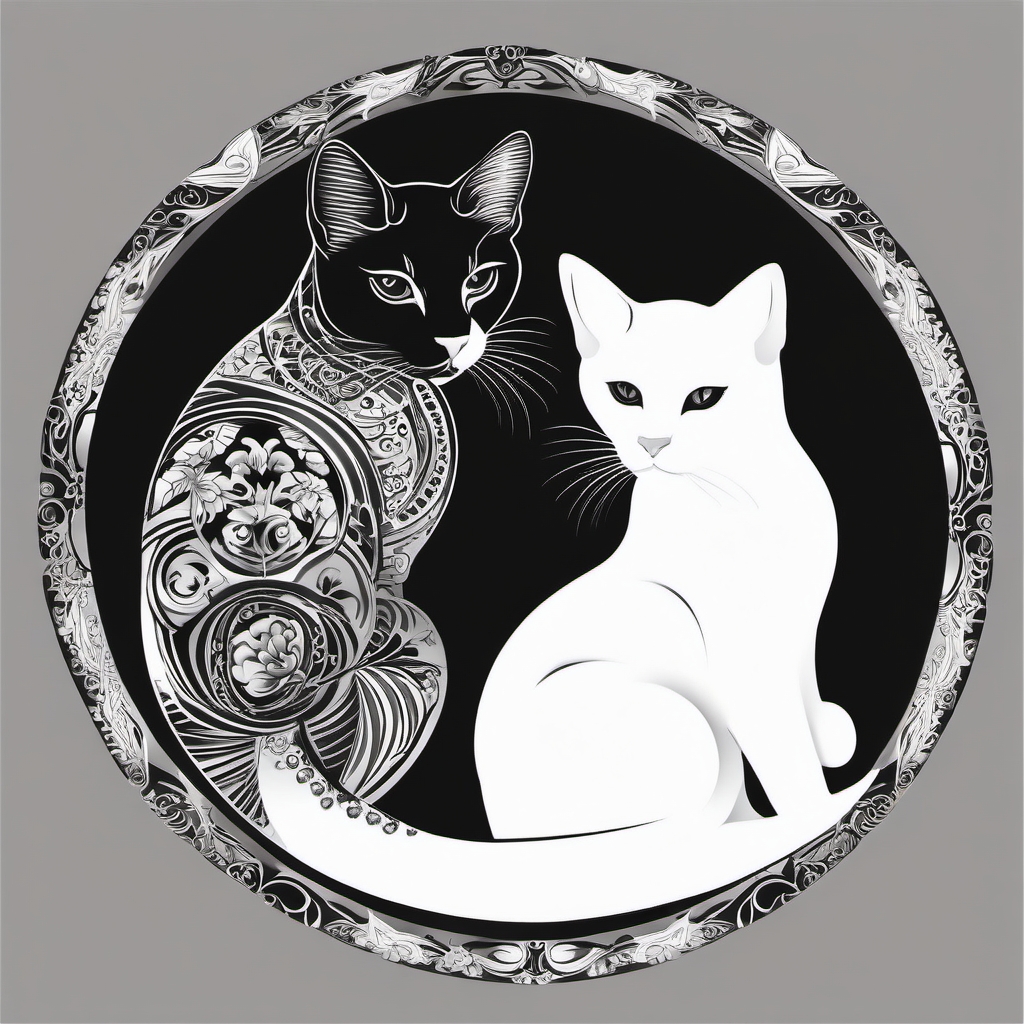 Paws in Yin and Yang design: Harmony and balance in feline elegance.  black white tattoo, white background