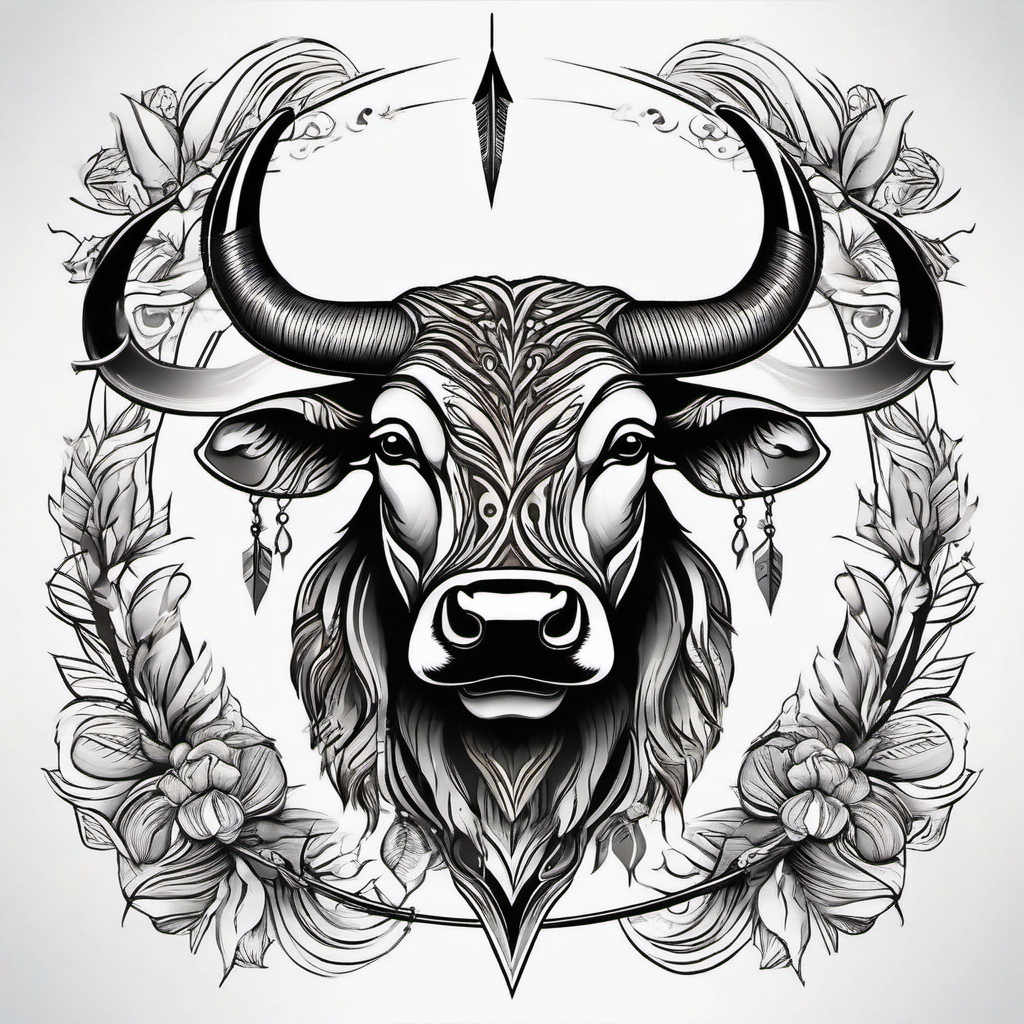 Bull with arrow quiver ink. Precision and focus in resilience.  color tattoo design, white background