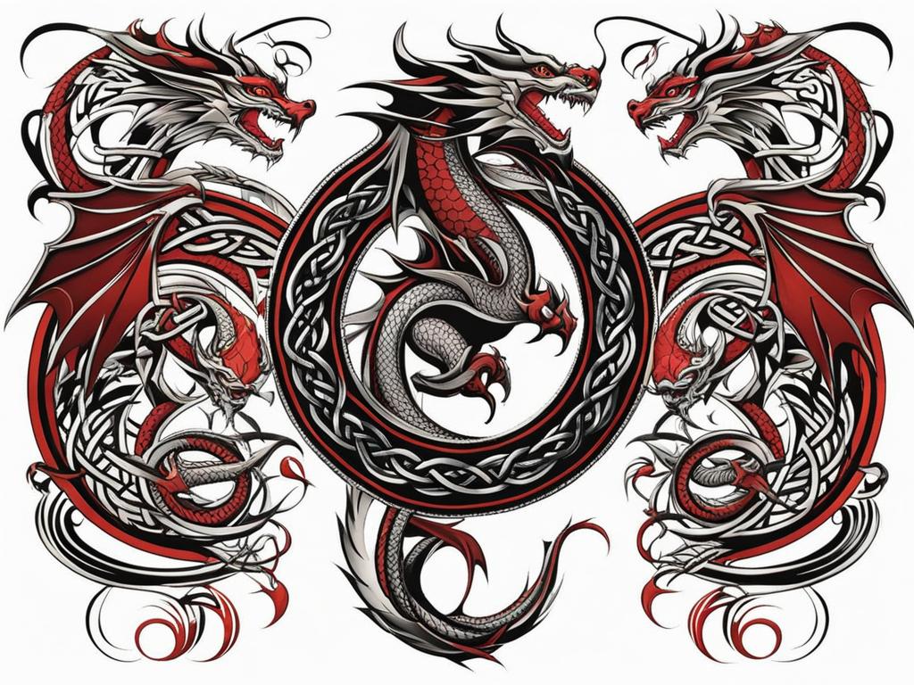 Celtic dragon tattoo, Tattoos featuring dragons in the Celtic art style.  color, tattoo style pattern, clean white background