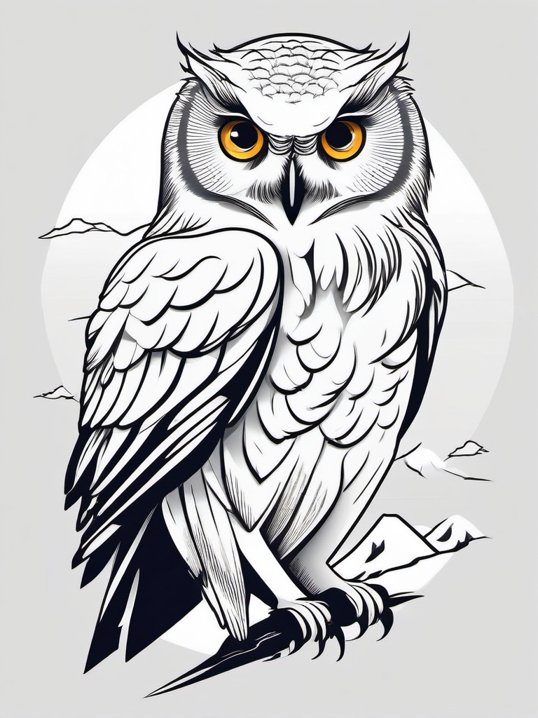 Snowy Owl Tattoo - Snowy Owl hunting in the Arctic tundra  few color tattoo design, simple line art, design clean white background