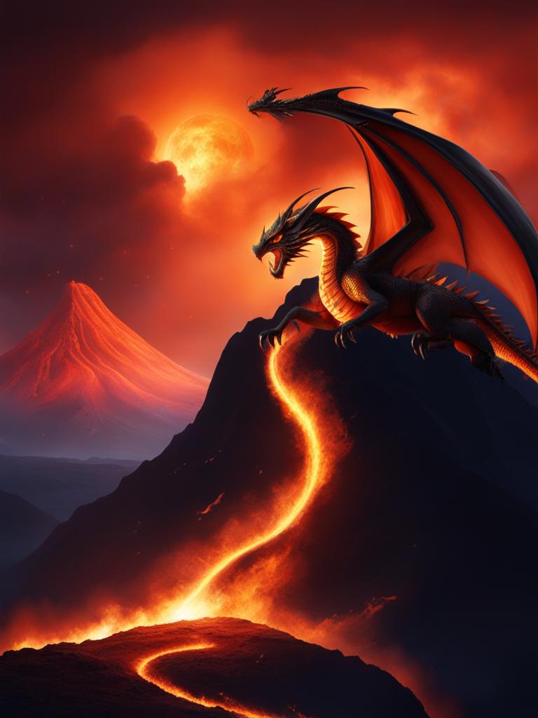 fire dragon soaring over a blazing volcanic landscape, its fiery breath lighting up the night sky. 