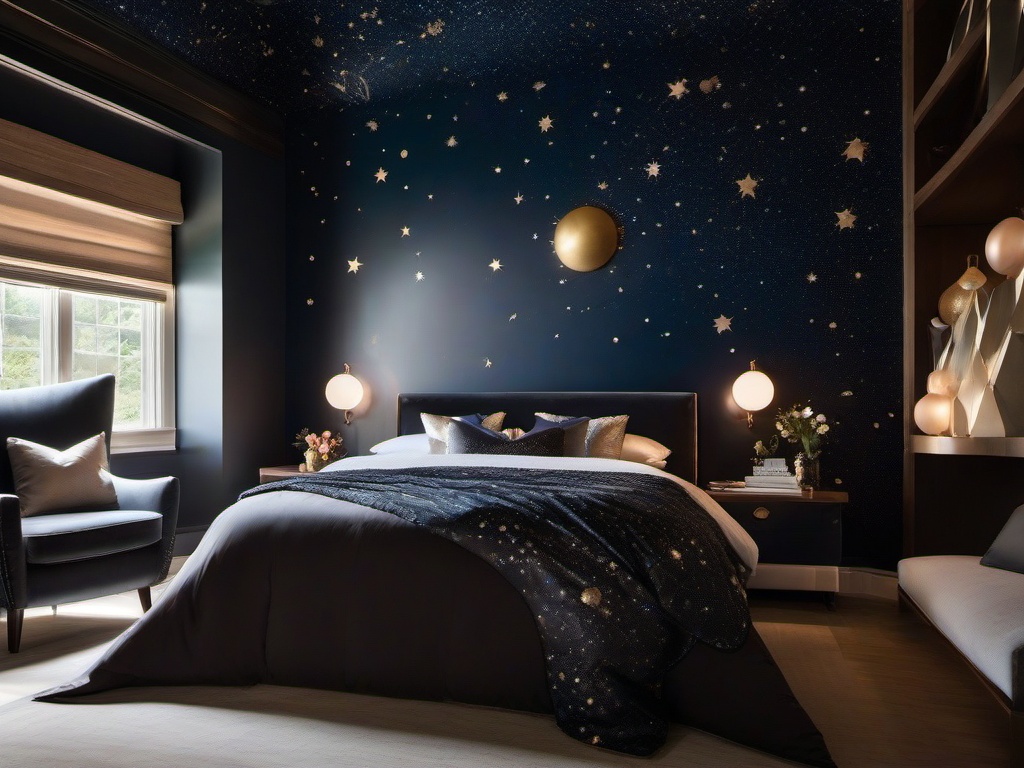 The master bedroom embraces cosmic chic interior design with a celestial mural, modern furniture, and textiles that evoke the feeling of sleeping among the stars.  