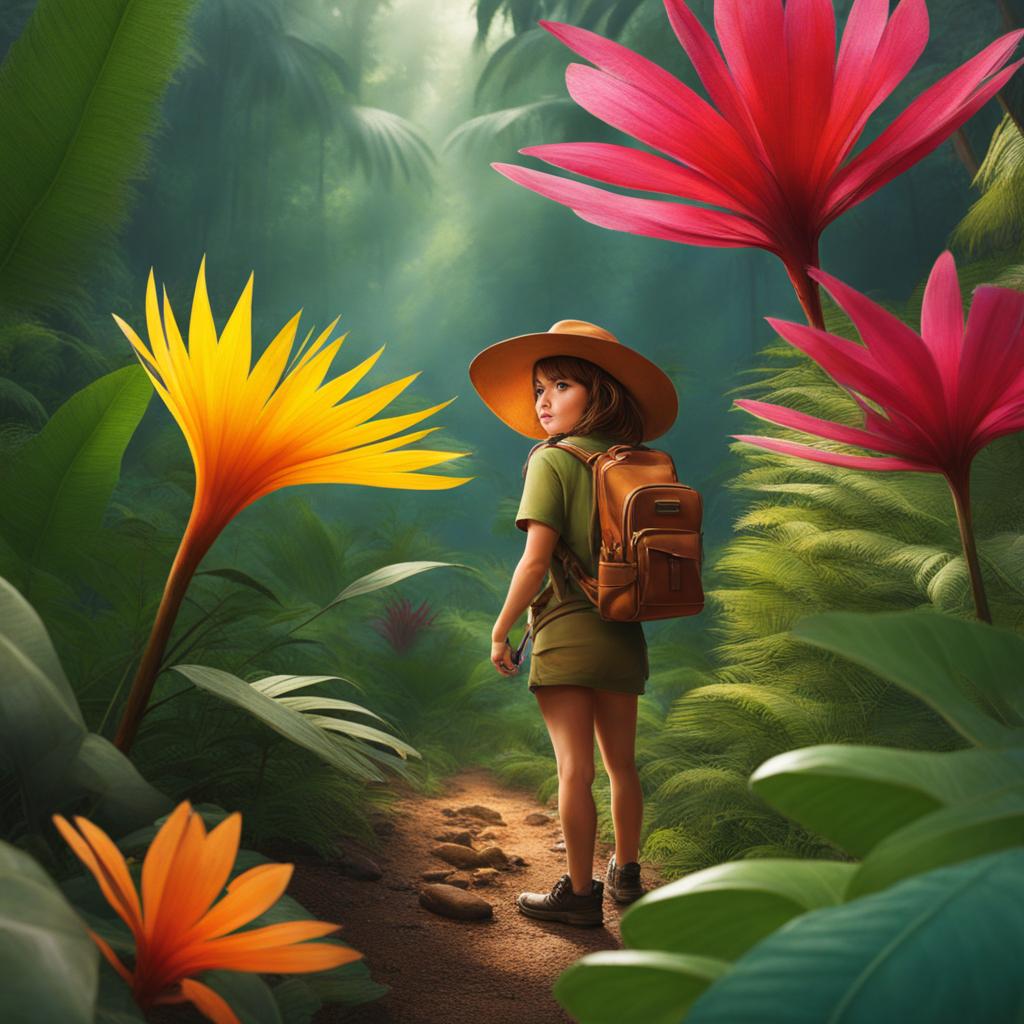 adventurous jungle explorer discovering a rare and colorful species of flora. 