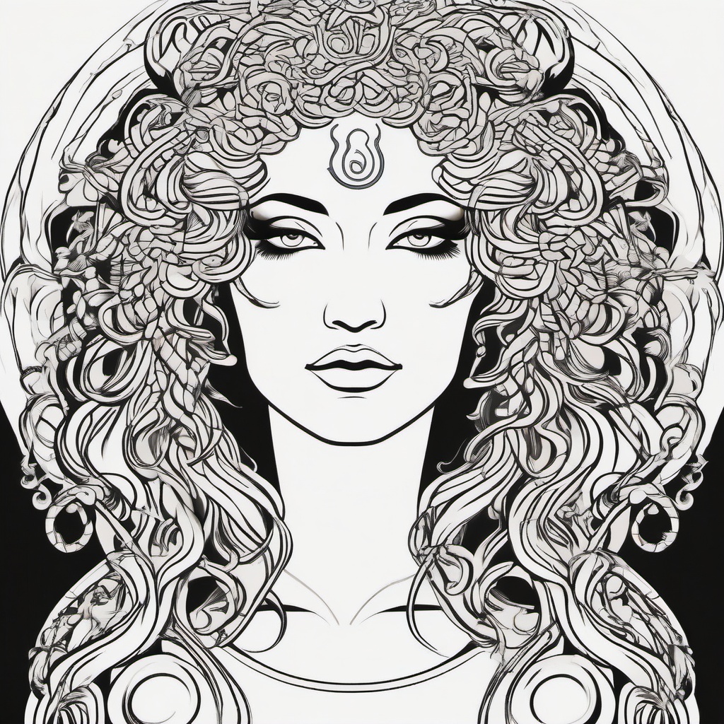 Line Art Medusa Tattoo - Embrace simplicity and elegance with a line art Medusa tattoo that highlights the contours and details of this mythical figure.  simple vector color tattoo,minimal,white background