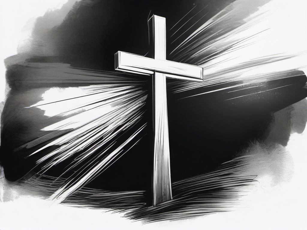 drawing of a cross with a beam of light  minimal rough sketch scribbles,doodles,black and white