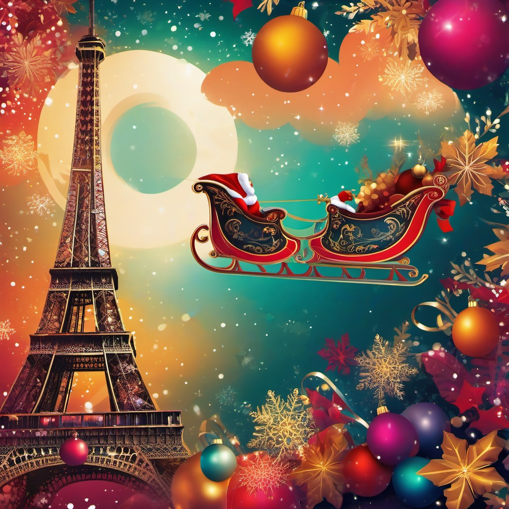 Christmas Wallpaper - Santa's Sleigh Over the Eiffel Tower wallpaper splash art, vibrant colors, intricate patterns