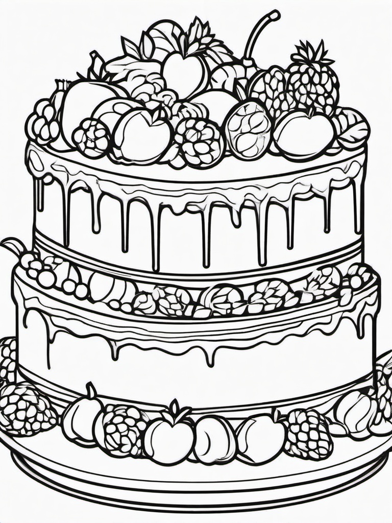 Birthday Cake with Fruit Toppings Coloring Pages - Cake Covered in Fresh Fruit  minimal black outline printable sheet, coloring page