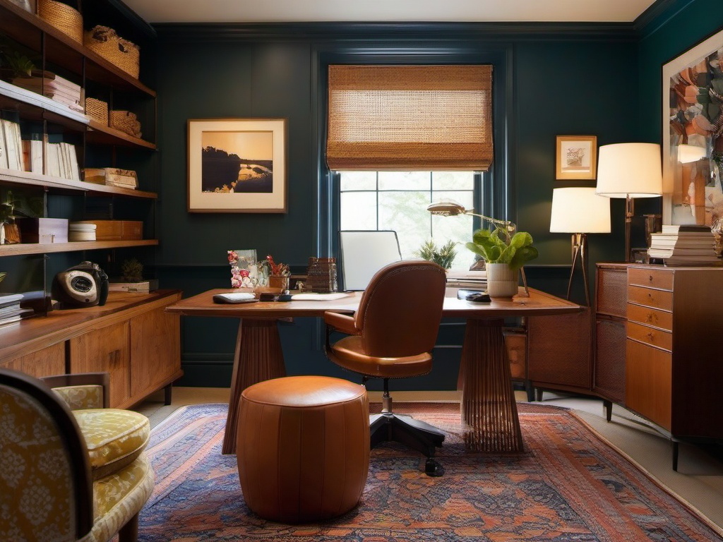 Vintage home office incorporates retro furniture, patterned textiles, and nostalgic decor, creating a warm and inviting space for work.  