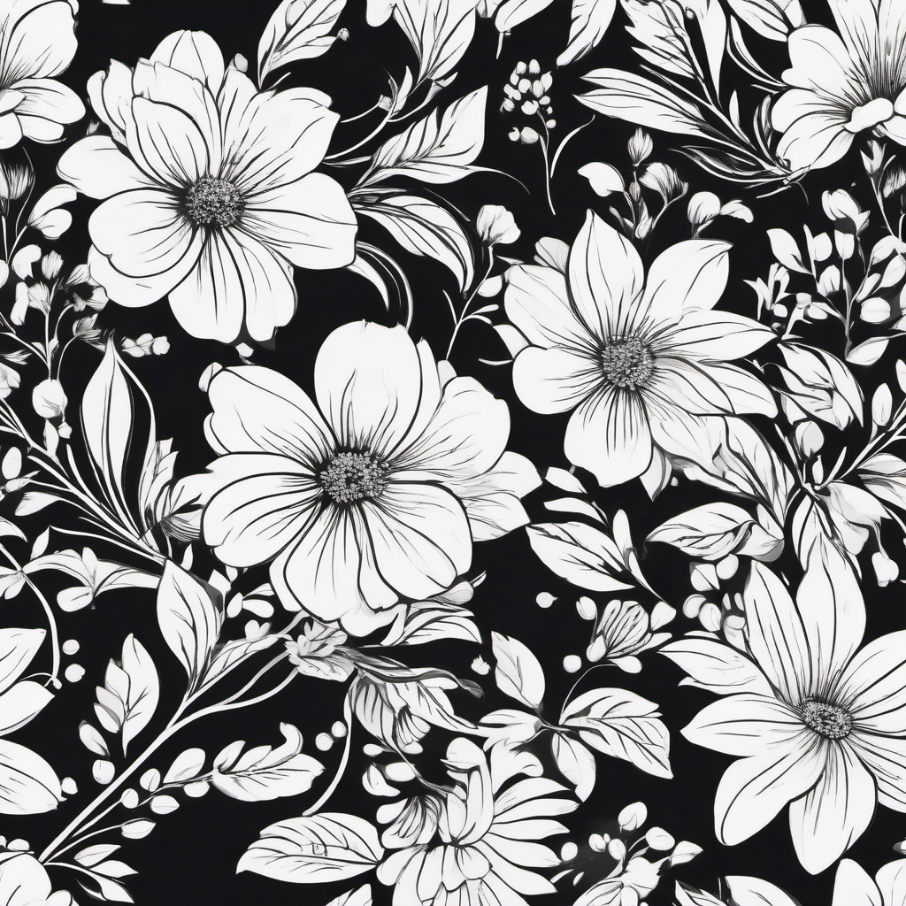 Flower Clipart Black and White,Illustrating a vintage floral pattern  simple, 2d flat