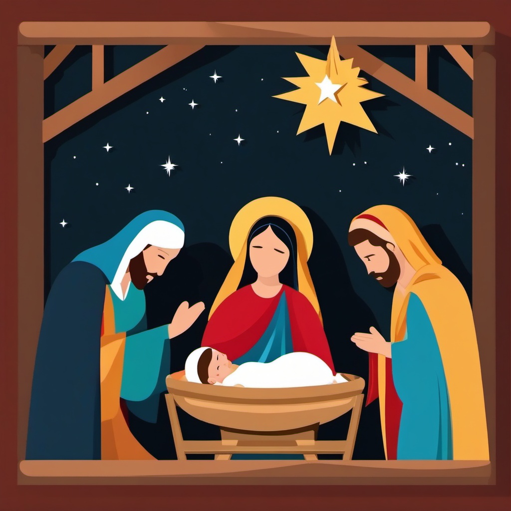 Manger scene clipart, The holy family gathered around the newborn Jesus.  simple, 2d flat