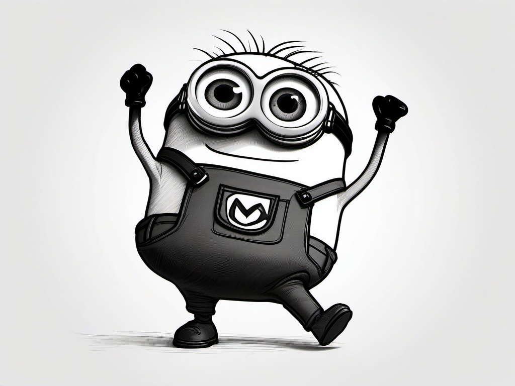 drawing of a minion dancing  minimal rough sketch scribbles,doodles,black and white