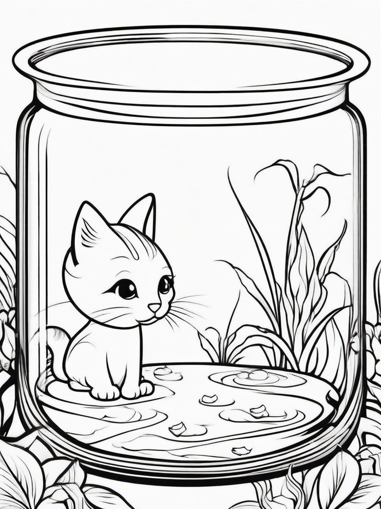 Kitty and Fish Coloring Pages - Curious Kitty Watching a Fishbowl  minimal black outline printable sheet, coloring page