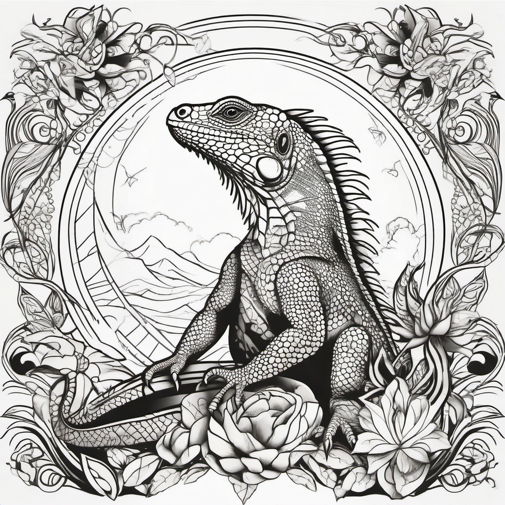 Iguana Tattoo - Mystical iguana basking in the sun, symbolizing transformation  few color tattoo design, simple line art, design clean white background