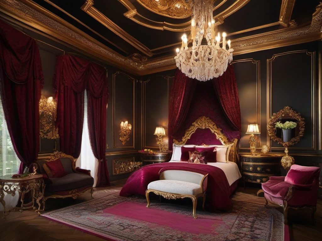 Baroque bedroom embraces rich colors, ornate furnishings, and luxurious fabrics that create a dramatic and sophisticated atmosphere.  