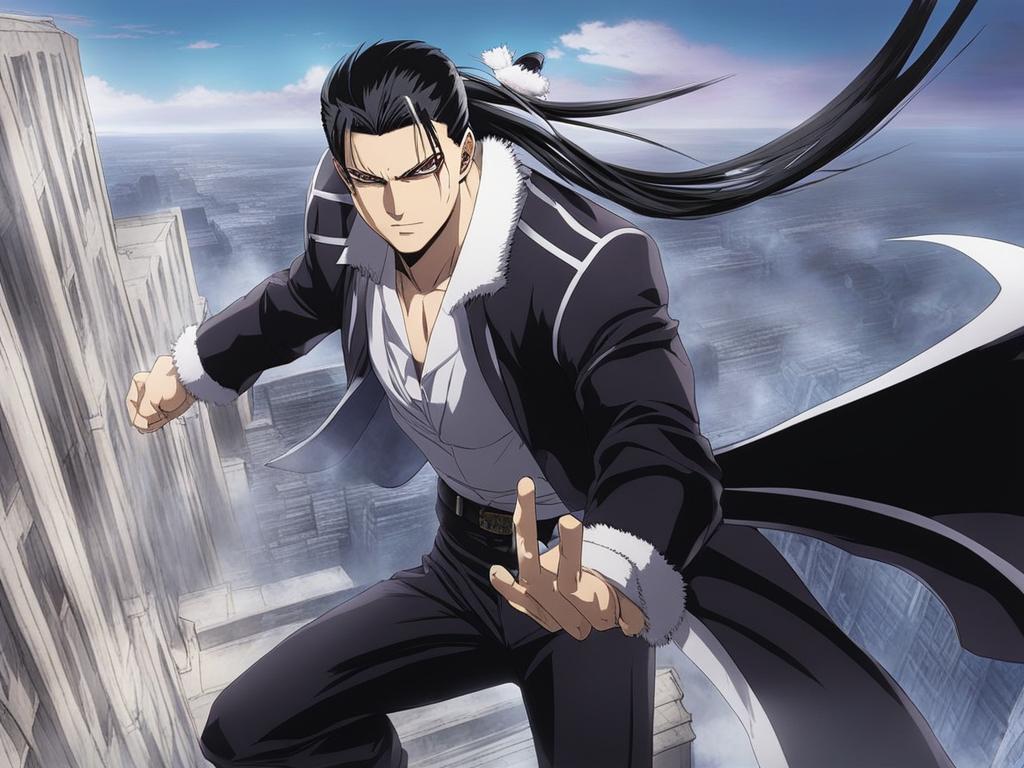 chrollo - utilizes nen abilities in a strategic rooftop showdown. 