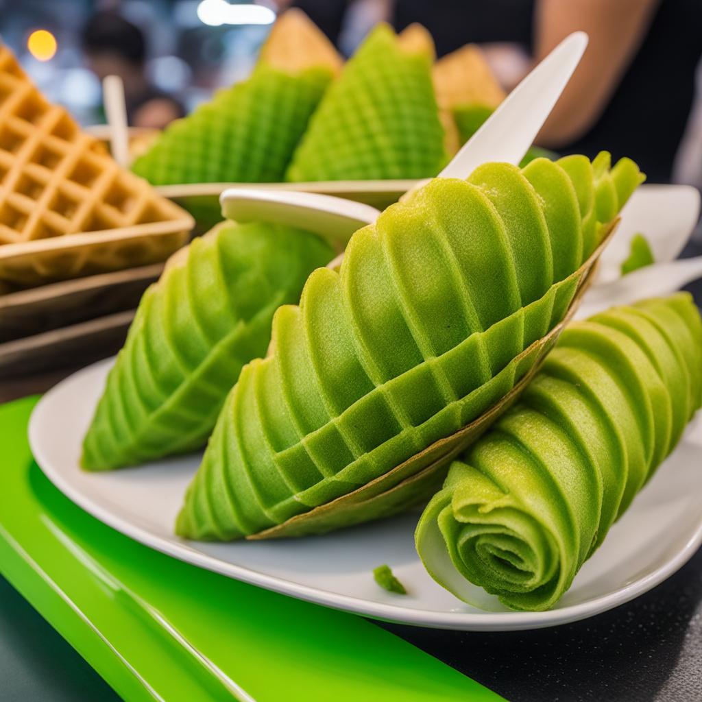 pandan waffle cones, fragrant green waffles, enjoyed at a vibrant night market in bangkok. 