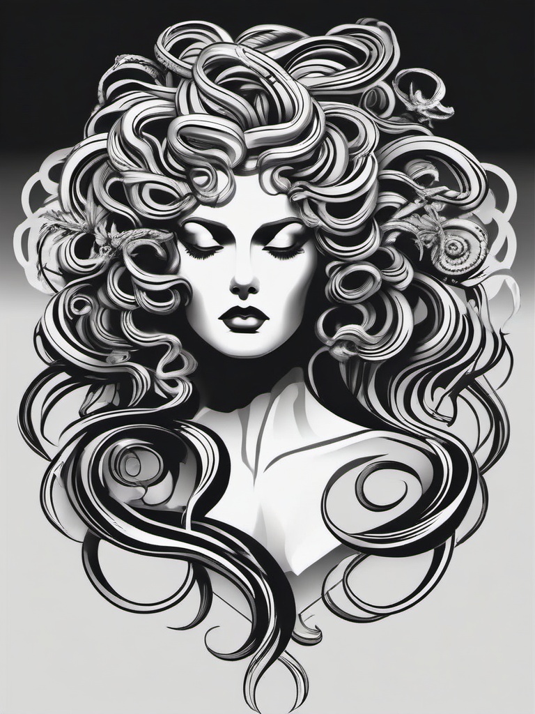 Medusa Black and White Tattoo - Opt for a classic and monochromatic look with a black and white Medusa tattoo, emphasizing the details in grayscale.  simple vector color tattoo,minimal,white background