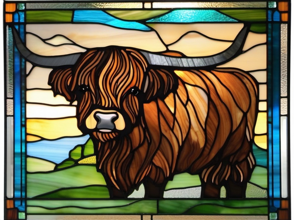 Stained Glass Highland Cow - Fluffy cow with long horns  