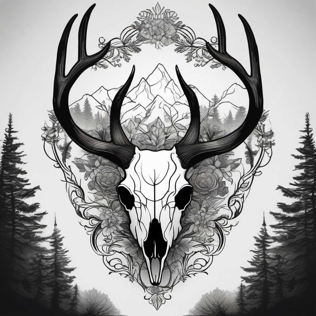 Subdued antlers frame a simple deer skull, nature's elegance.  black and white tattoo style