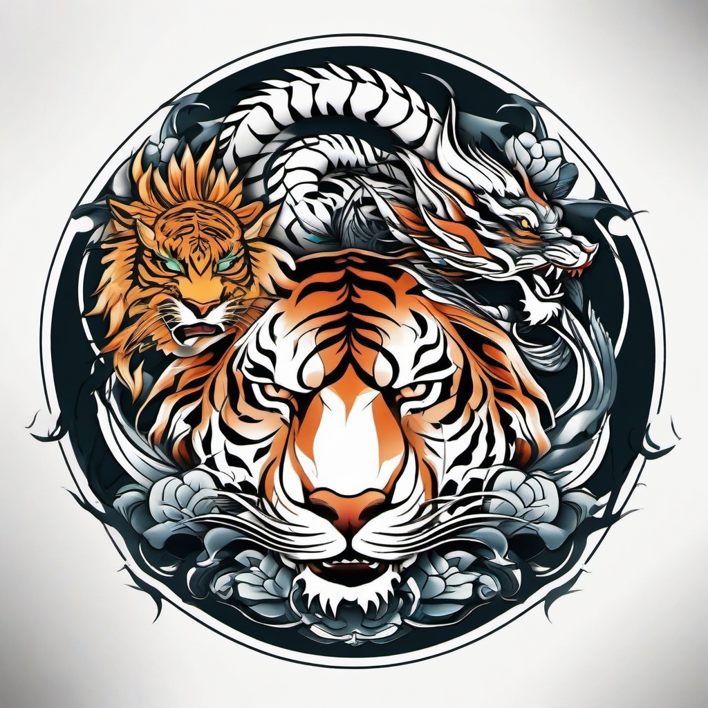 Tattoo Tiger and Dragon - Tattoos featuring both tiger and dragon motifs for a powerful design.  simple color tattoo,minimalist,white background