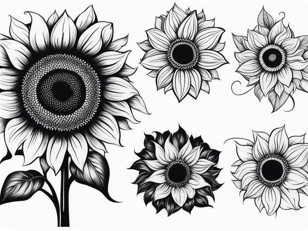 Sunflower tattoo black and white, Striking black and white sunflower tattoos.  vivid colors, white background, tattoo design