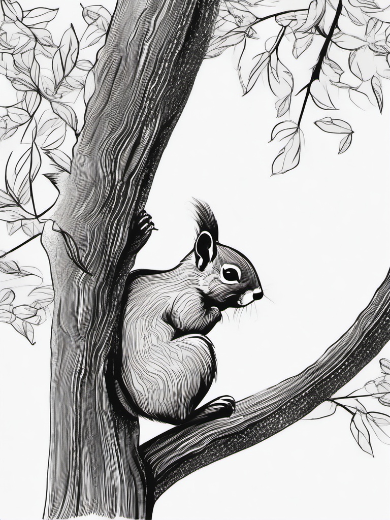 drawing of a squirrel climbing a tree  minimal rough sketch scribbles,doodles,black and white