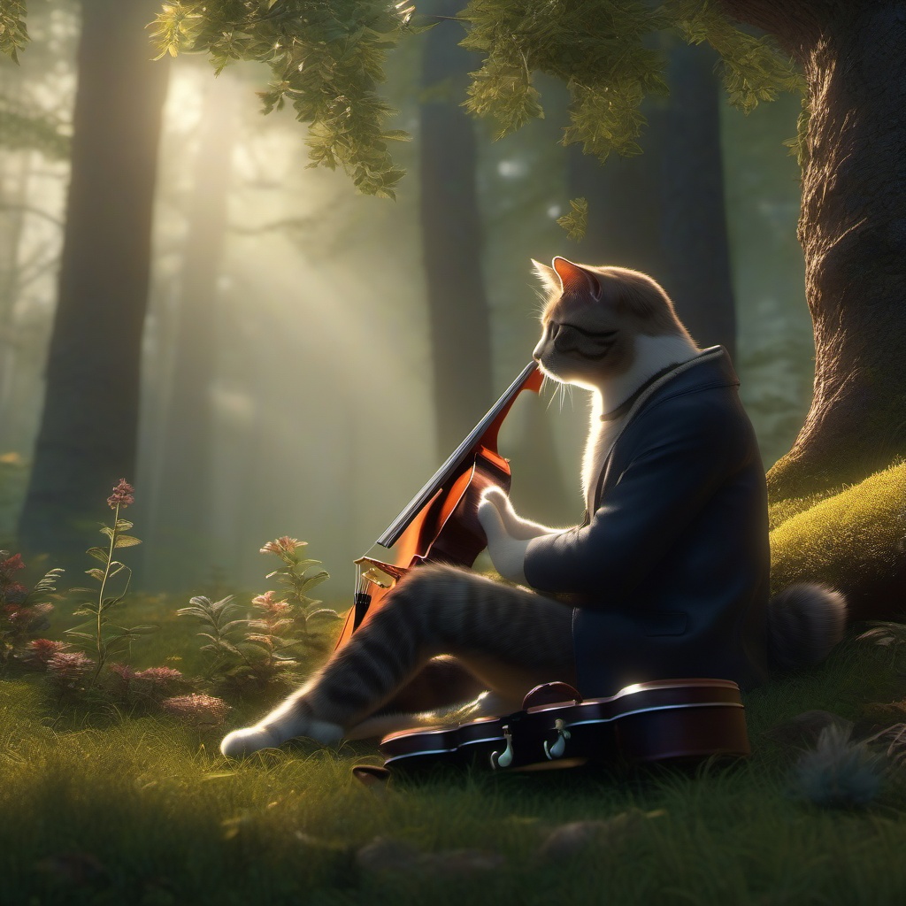 Talking cat offers sage advice to a lonely musician searching for inspiration in a hidden forest grove.  8k, hyper realistic, cinematic