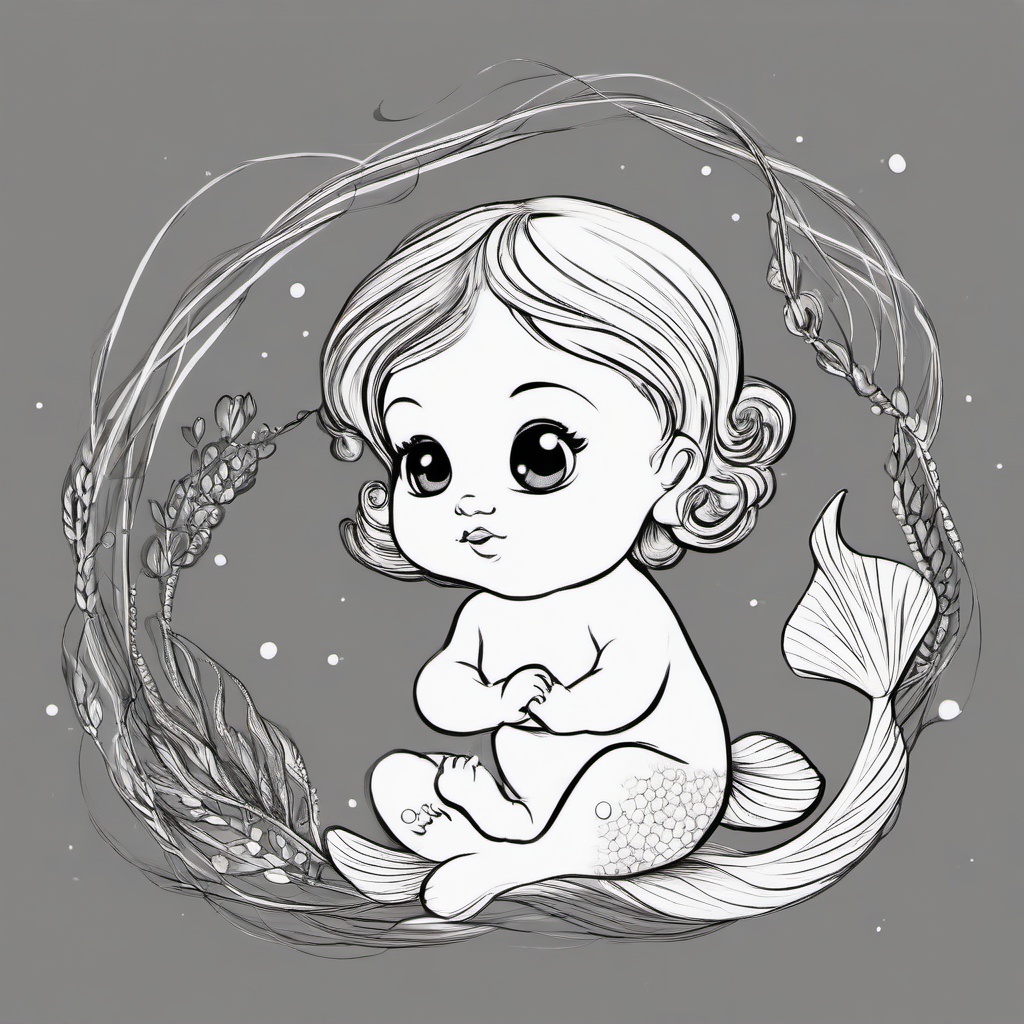 drawing of a baby mermaid  minimal rough sketch scribbles,doodles,black and white