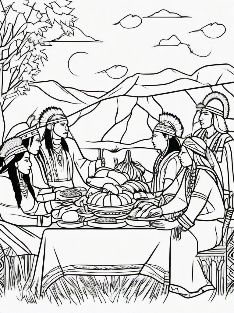 Native American Coloring Pages - Indigenous People Celebrating Thanksgiving  minimal black outline printable sheet, coloring page