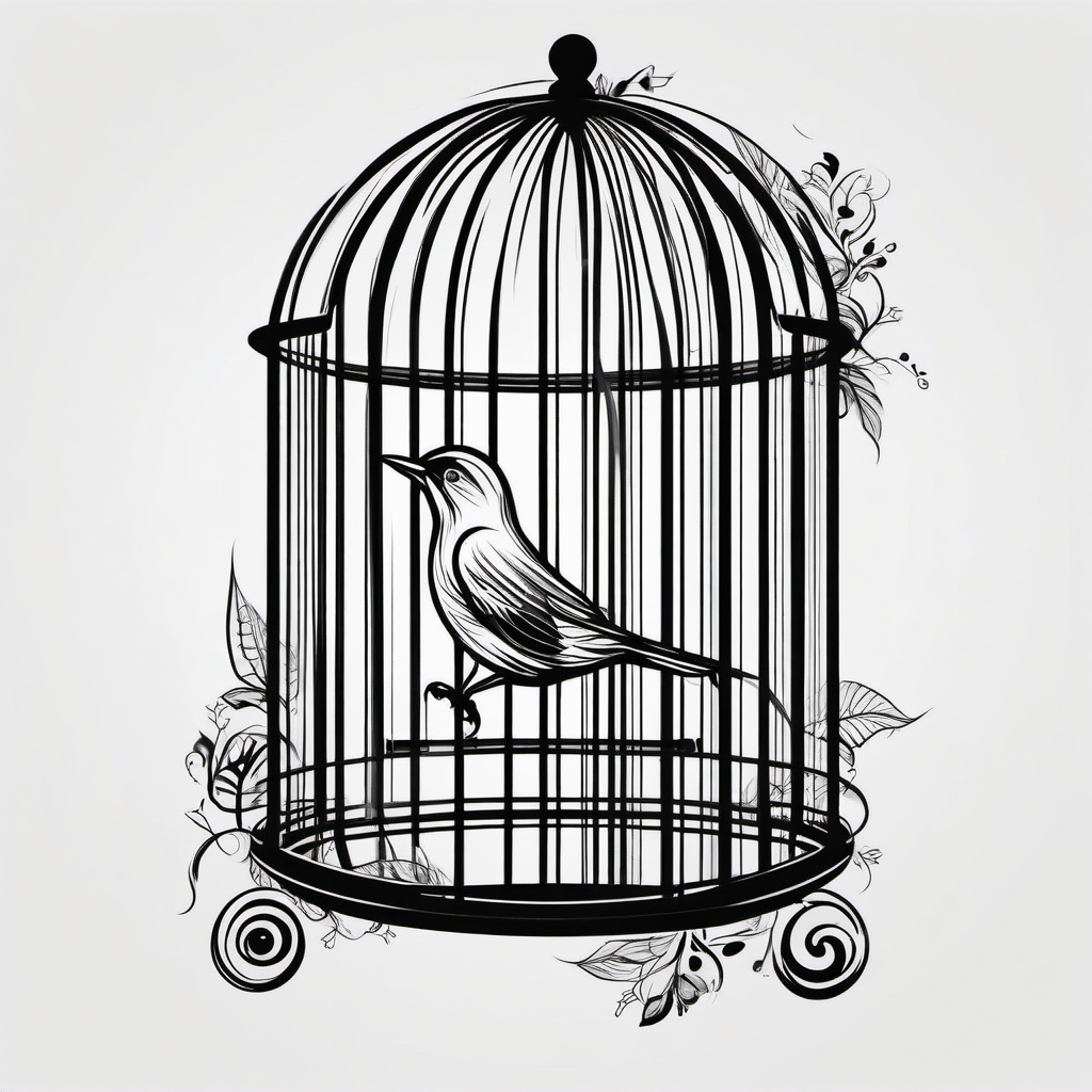 Bird And Cage Tattoo - Bird beside a cage  minimal tattoo design, white background